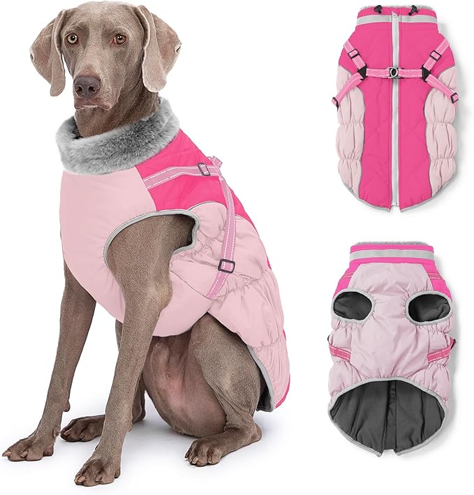 Dog Winter Coat with Harness, Dog Jacket, Pet Clothes with Zipper on Back, Waterproof Windproof Warm Vest, Reflective Cold Weather Coats, for Small Medium Large Dogs, Thick, Pink,XS