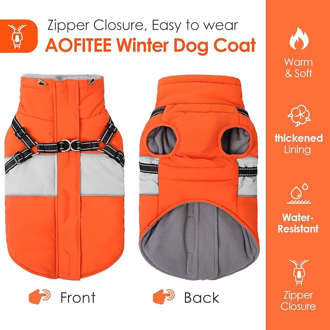 AOFITEE Small Dog Coat, Dog Winter Coat with Harness Built in, Warm Dogs Jacket with Zipper & Polar Fleece Collar, Waterproof Pet Snow Jacket Snowsuit for Schnauzer, Chihuahua Yorkshire, S