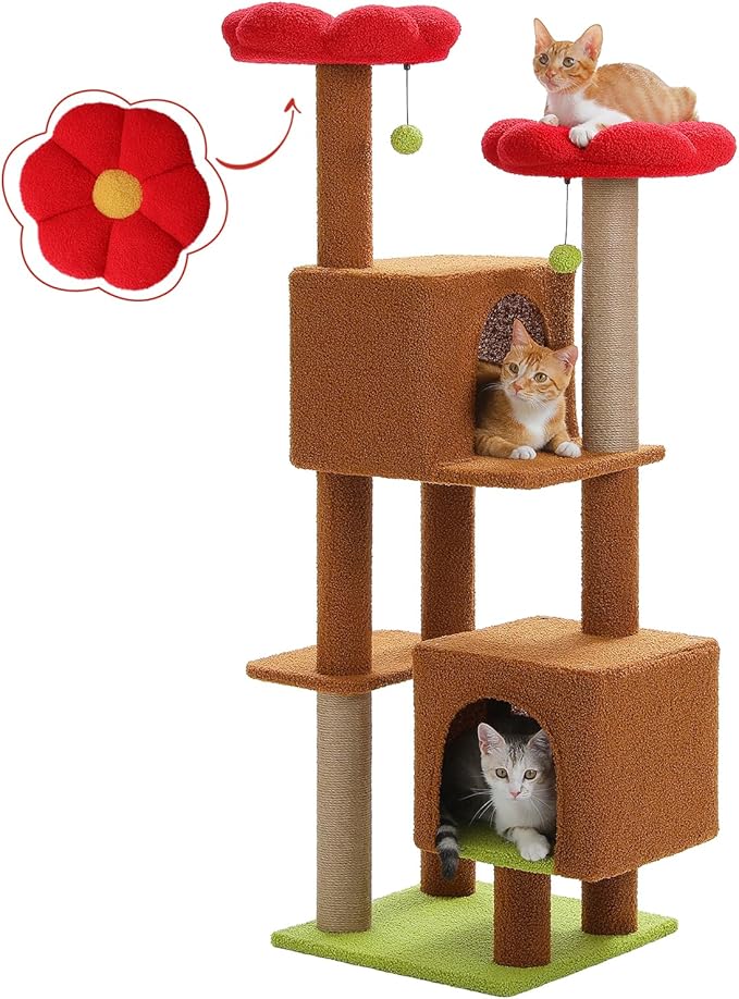 MUTTROS Cat Tree for Indoor Cats, 52.4" Tall Cat Tower with 2 Flower Perches, 2 Cozy Condos & 2 Sisal Scratching Posts - Multi-Level Kitty Climbing Furniture, Pet Playhouse for Adult Cats, Brown/Red