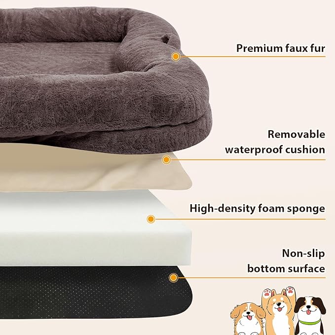 ZOMEYLPO Human Dog Bed, 71 x 47 x 12 in Washable Extra Large Dog Bed for People, Giant DogBed with Storage Pockets, Brown