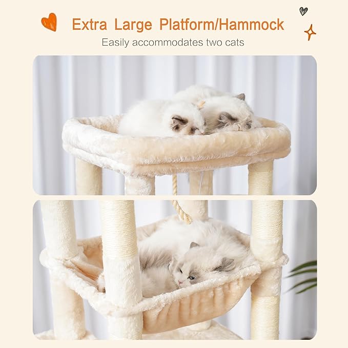 Heybly Cat Tree for Large Cats 20lbs Heavy Duty,60 inches XXL Cat Tower for Indoor Cats, Multi-Level Furniture Condo with Big Padded Plush Perch, Cozy Basket, Beige HCT050M