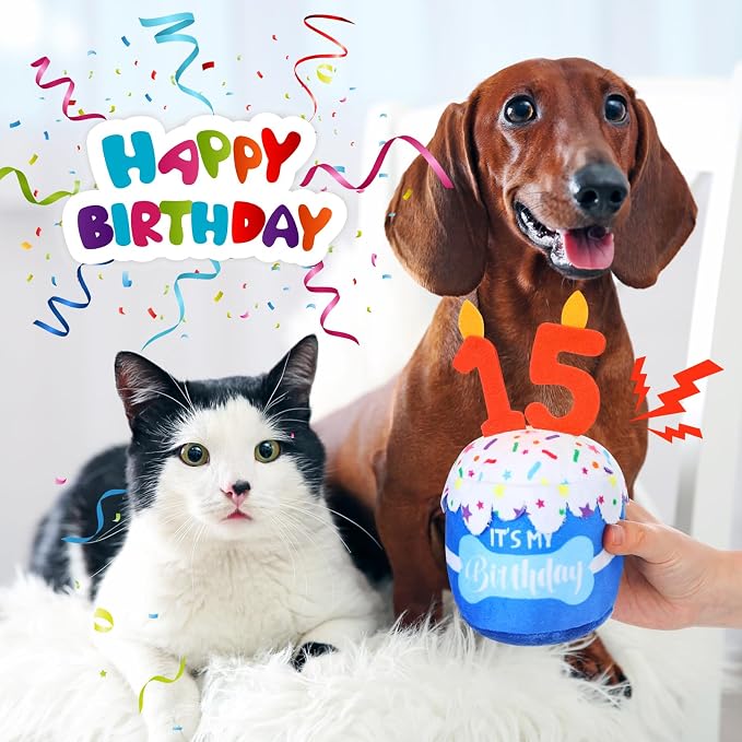 Dansydaisy Dog Birthday Cake Toy Squeaky Plush Gift,15th,Blue