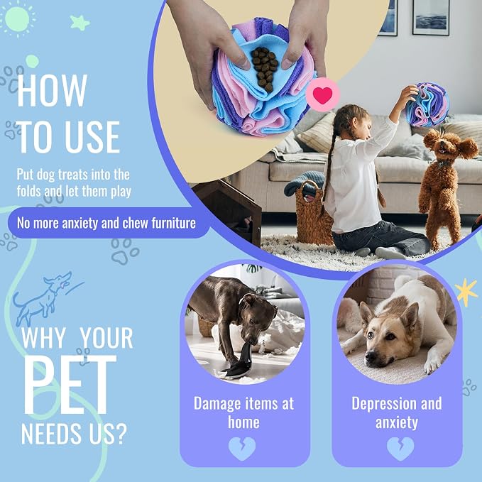 Pet Snuffle Ball, Puzzle Sniffing Interactive Dog Ball for Blind Dogs Training Stress Relief Dog Enrichment Toys Treat Machine Washable (Macarons Color, 10cm)