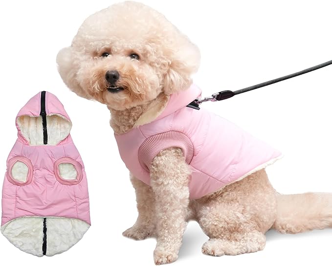 Fleece Lining Dog Hoodie with Harness Built in,Extra Warm Small Dog Jacket in Winter Puppy Coats with Hooded,Light Pink S