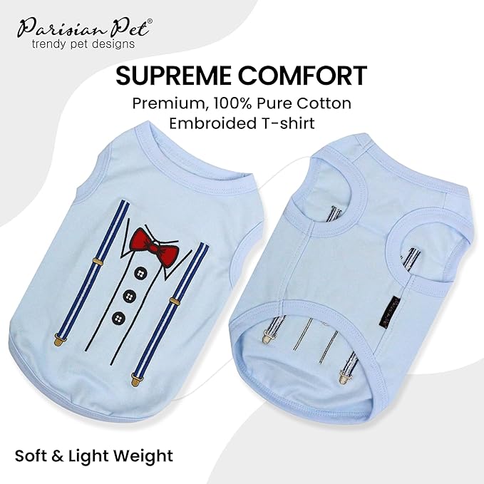 Parisian Pet Dog T-Shirt - Suspender Tuxedo Dog Shirt - Breathable and Lightweight Boy Pet Clothes - Sleeveless Pet Tee Shirts - Machine Washable Shirts for Small Pets - S