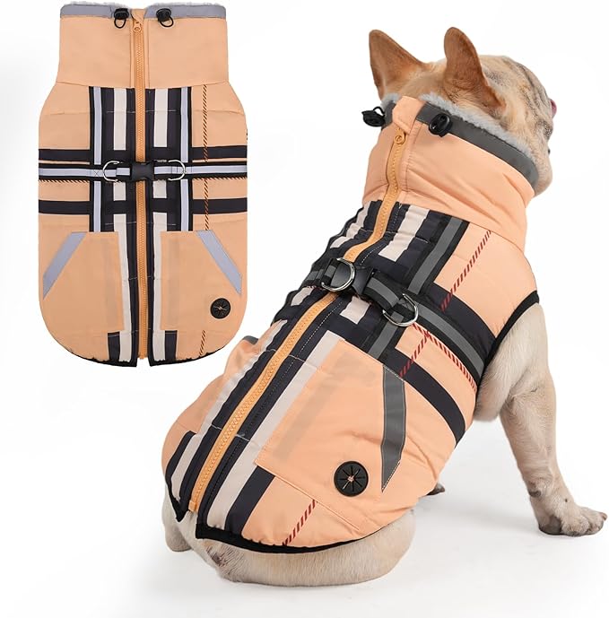 Mihachi Medium Dog Coat with Harness Built in, Warm Dog Winter Coat with Pockets for Dogs, Waterproof Reflective Fleece Vest with Zipper, Pet Windproof Warm Cold Weather Jacket Snowsuit Outfit,Beige M