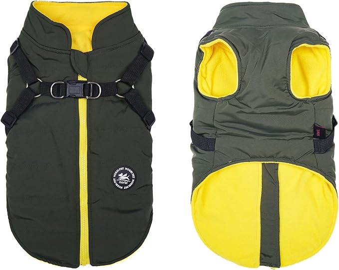 Norbi Dog Winter Coat with Harness Built in, Waterproof Windproof Jacket, Warm Puffer Vest for Small Medium Large Dogs, All Weather Cold Weather Gear for Walking(Green, 5XL)