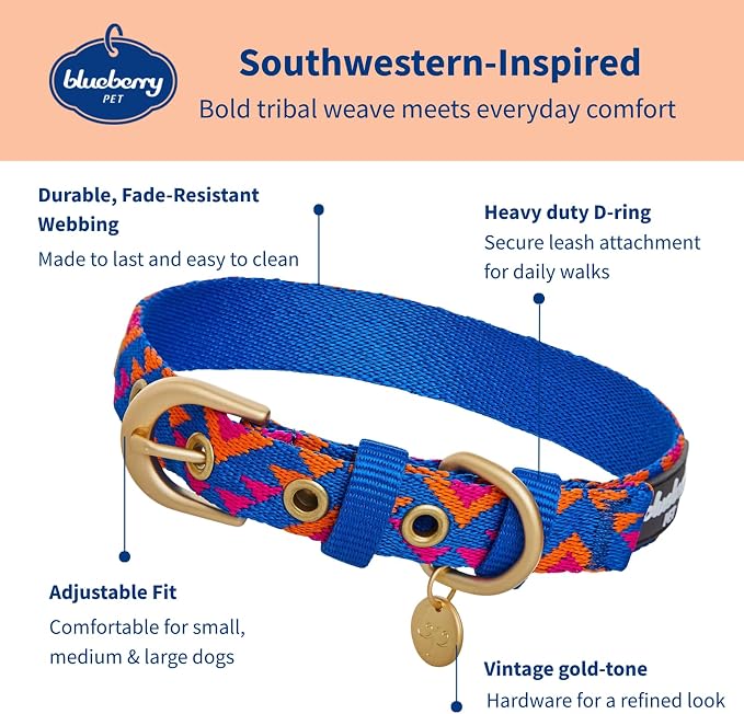 Blueberry Pet Southwestern Tribal Triangles Navy Blue Adjustable Dog Collar with Metal Buckle, Neck 17-20.5", for Large Breed