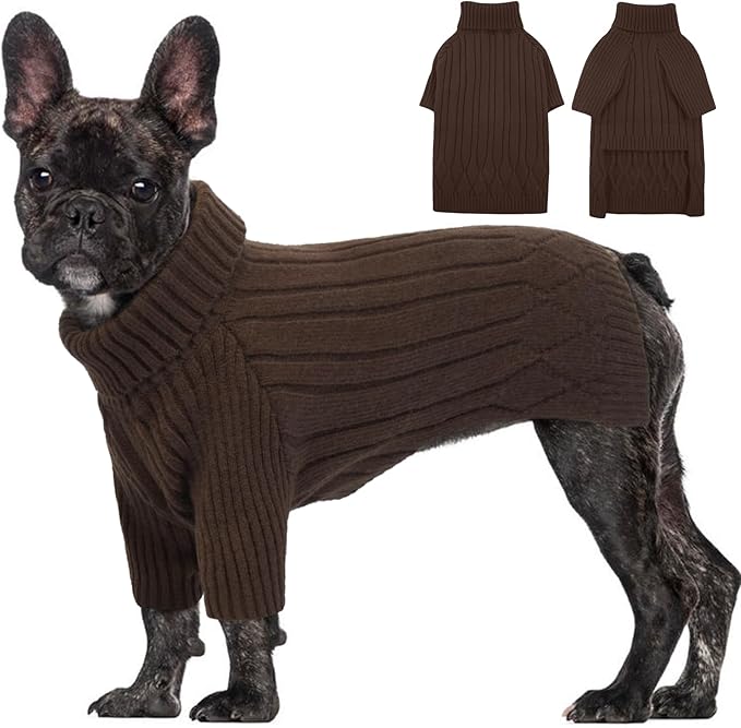 Large Dog Sweater - Turtleneck Thick Warm Doggie Christmas Sweater for Girl Boy Dogs (Brown L)