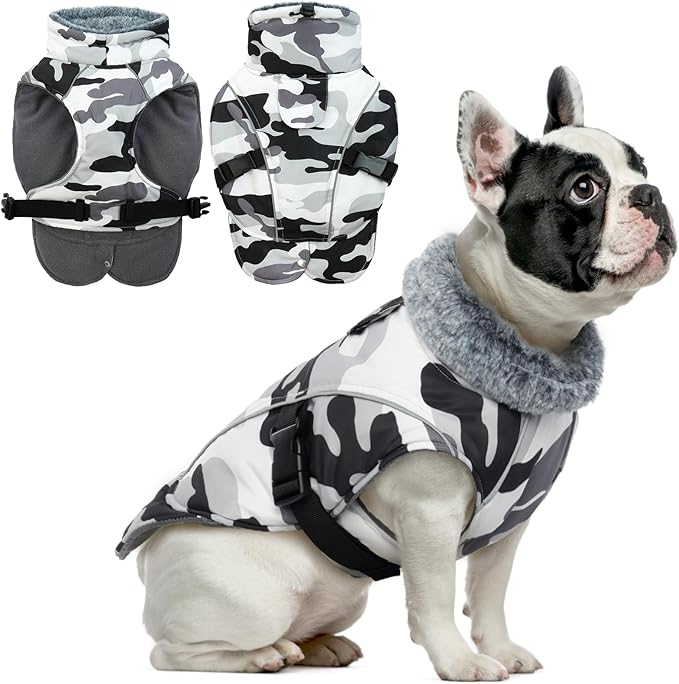 DENTRUN Small Dog Winter Warm Coat - Windproof Cozy Jacket, Thick Fleece Vest with Adjustable Belt, Water Repellent, Reflective Dog Sweater for Yorkie Dachshund Wear, White Camo, S