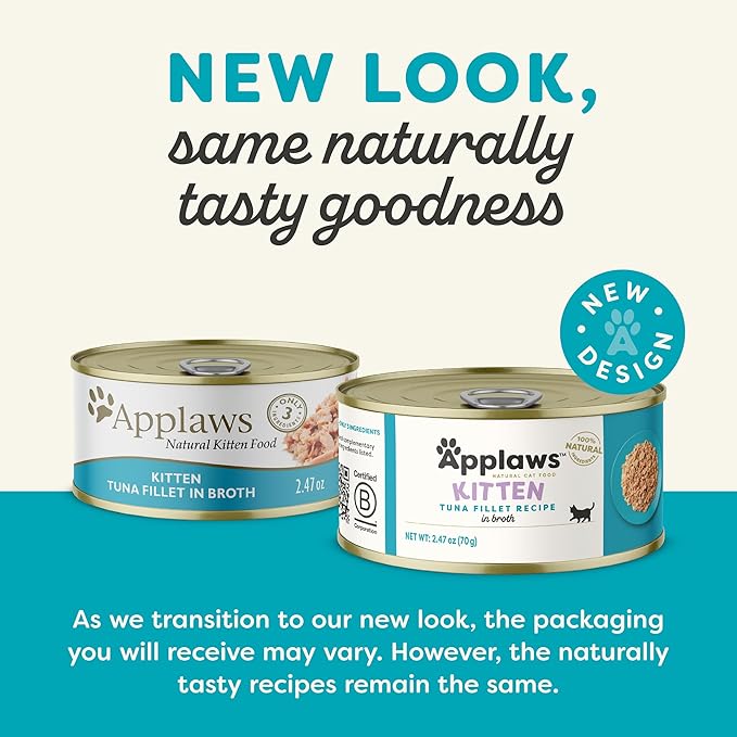 Applaws Natural Wet Kitten Food in Broth, Limited Ingredient Canned Wet Kitten Food, No Additives, Made with Natural Ingredients, Tuna Fillet in Broth (24 x 2.47oz Cans)