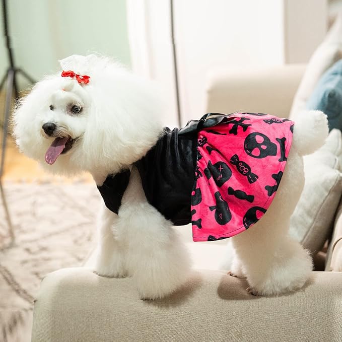 CuteBone Halloween Skulls Dog Dress Velvet for Small Dogs Girl Puppy Dresses Pink Dog Clothes CVA02L-D