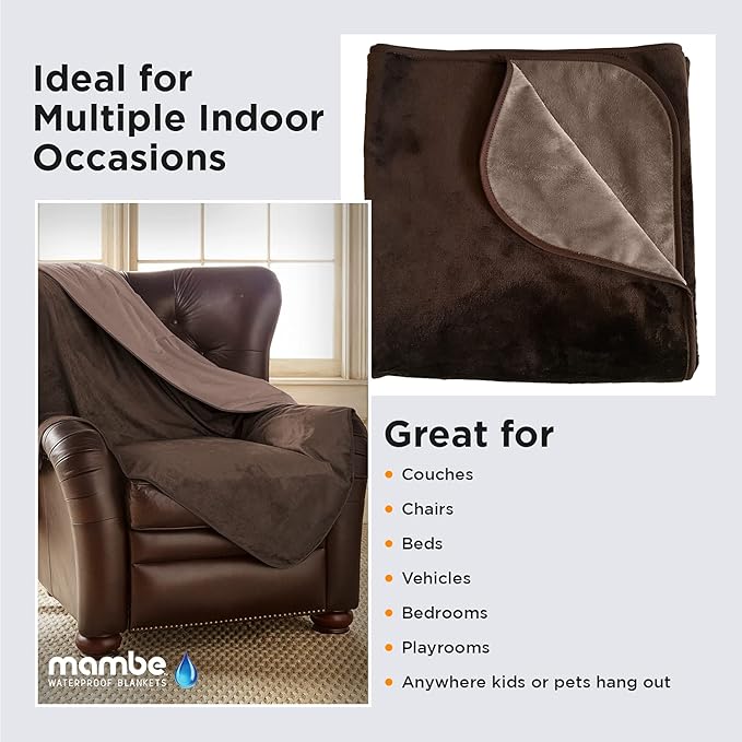Mambe Silky Waterproof Throw for Protecting Furniture Bed Couch from Stains Caused by Dogs, Cats, Incontinence. Soft, Washable, Reversible. (Size Large 70x90 inches, Color Chocolate/Cappuccino)