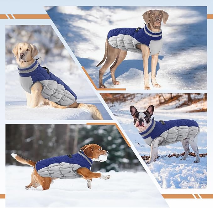 Winter Dog Coat,Large Dog Jacket,Waterproof Pet Jacket with Back Zipper,Pet Coat with Harness Built in,Warm Dogs Coat with Fleece Lined, Snow Jacket Clothes French Bulldog Shiba Inu,Blue,L