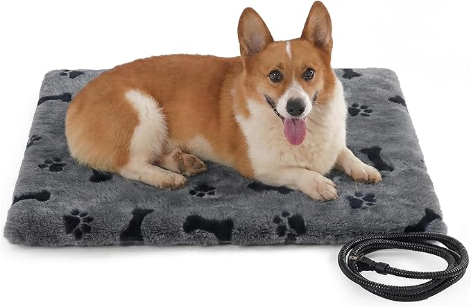 PetTemp Pet Heating Pad for Cats Dogs Indoor & Sheltered Outdoor Waterproof Heated Cat Bed Heated Dog Bed Chew Resistant Cord Constant Temperature Gray Paw Print 26 x 20 Inch