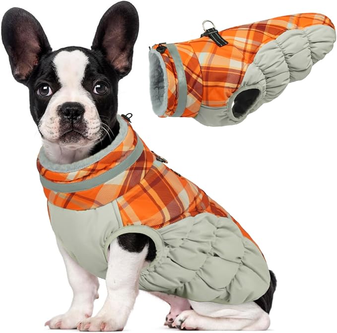 Lelepet Warm Dog Winter Coat Dog Coats for Small Dogs Waterproof Dogs Jacket with Harness Built in Reflective Cold Weather Coats Windproof Zip-Up Winter Fleece Vest Snowsuit Chihuahua Orange Plaid