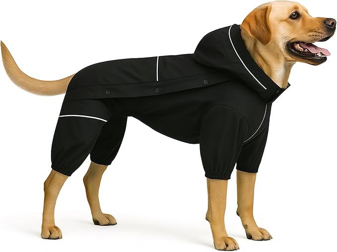 LOVELONGLONG Fleece-Lined Dog Raincoat with Removable Hood – Waterproof Winter Full Body Dog Jacket – Windproof Snowproof Cold-Weather Suit – Black-F S+