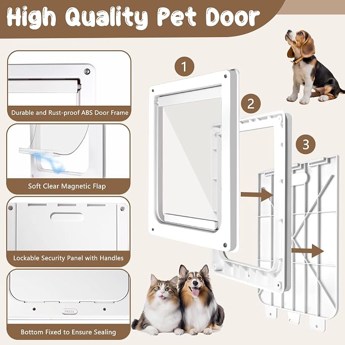 Never Rust Plastic Dog Door with Soft Clear Magnetic Flap and Snap-in Closing Panel, 15x18'' 2-Way Locking Pet Door for Doors and Walls up to 2.17'' Thick, Weatherproof Cat Door, Easy to Install (L)