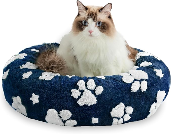 Yaning Donut Dog Beds for Small Dogs, Calming Round Cat Beds for Indoor Cats, Cute 3D Textured Paw Pet Bed with Removable Washable Cover and Anti-Slip Bottom（Navy Blue，20"）