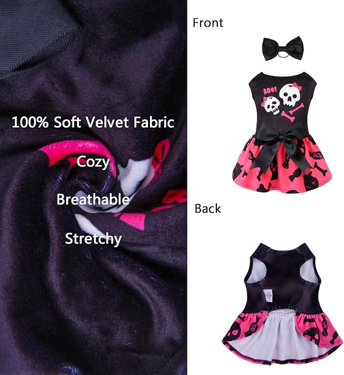 CuteBone Halloween Skulls Dog Dress Velvet for Small Dogs Girl Puppy Dresses Pink Dog Clothes CVA02L-D