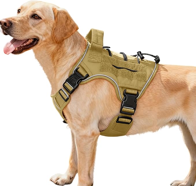 Heavy-Duty Tactical Dog Harness for Large Dogs, No Pull Adjustable Reflective Pet Vest with Molle System, K9 Military-Grade Control for Service Training, Outdoor & 10+ Breeds, Khaki, Medium