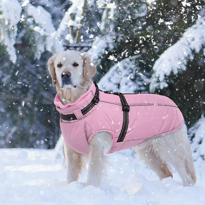 Lelepet Dog Coat with Harness Built in, Waterproof Dog Jacket for Large Dogs Reflective Winter Jacket with Zip Warm Cold Weather Coats for Dogs, Cozy Turtleneck Pet Snowsuit, Great Dane, Pink, 3XL