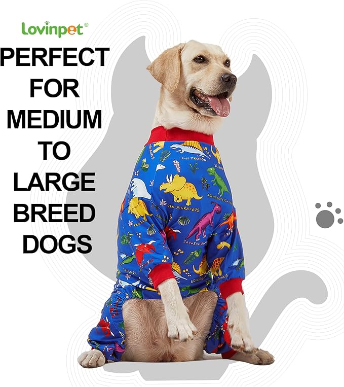 LovinPet Pitbull Large Dog Clothes, Wound Care/Post Surgery Dog Clothes, Lost World Dinosaurs Print, UV Protection, Pet Anxiety Relief, Large Dog Onesies, Pet PJ's/Medium