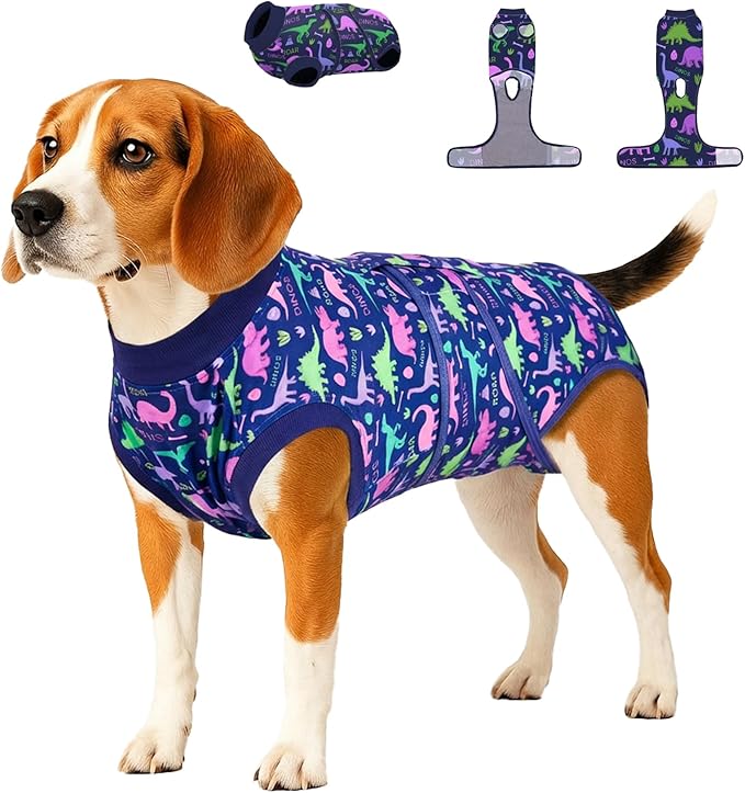 PetWarm Dog Surgery Suit, Onesies for Dogs, Dog Cone Alternative After Surgery Substitute E-Collar and Cone Prevent Licking Dog Onesies Pet Surgery Recovery Suit, Dinosaur Pattern, Blue Purple, M