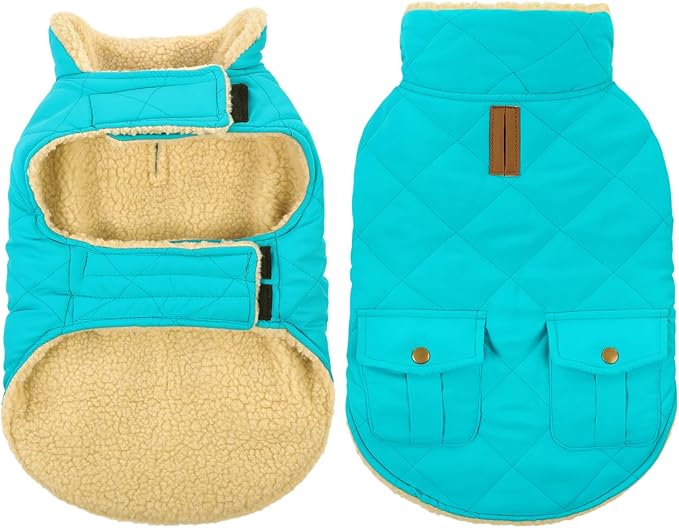 Queenmore Warm Dog Coat, Cold Weather Puffer Dog Coat Vest, Quilting Winter Pet Jacket Ultra Thick Plush Fleece Lining Pet Clothes for Dogs with Storage Pockets (Light Blue, Small)