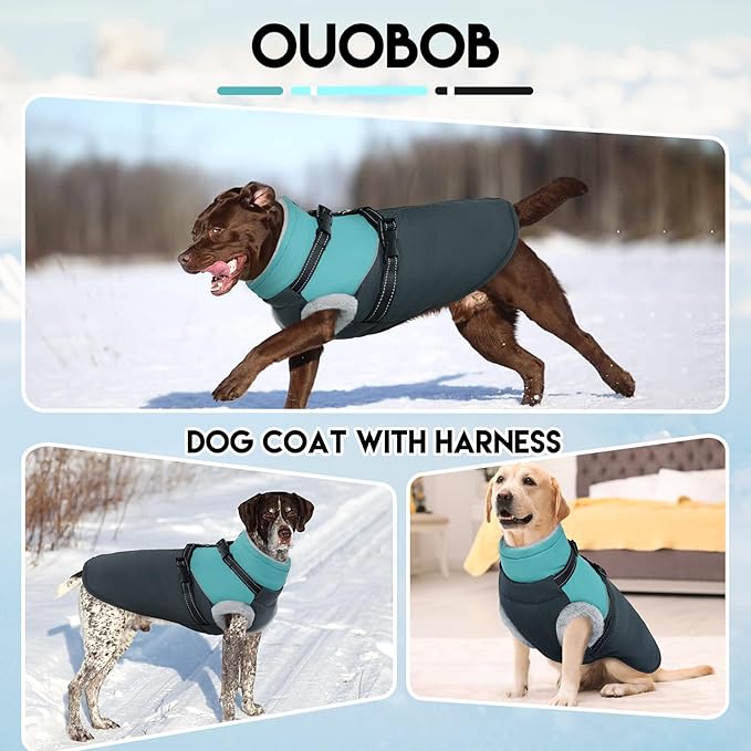 Dog Coat with Harness Built, Dog Winter Jacket with Zipper Closure, Warm Pet Fleece Puffer Coat with Reflective Strips & Furry Collar, Waterproof Snowsuit for Medium Large Dogs - Green XL