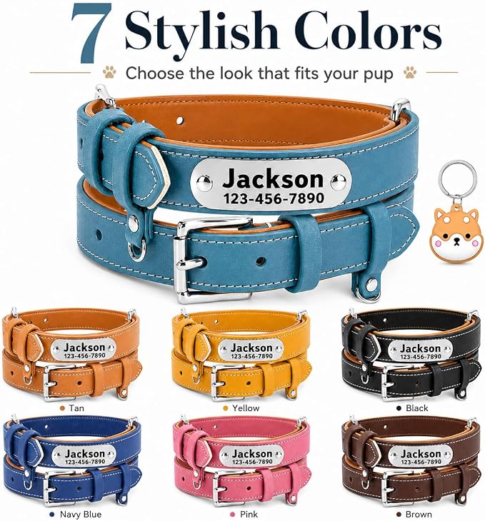 Personalized Genuine Leather Dog Collar with Name Phone Number-Sky Blue-S