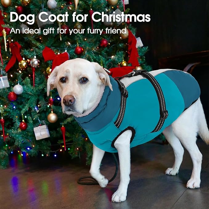 SUNFURA Dog Coat, Dog Jacket for Large Dogs with Harness Built in, Warm Pet Winter Coat Zip Up Snow Jacket with Furry Collar for Boston Terrier, French Bulldogs, Turquoise L
