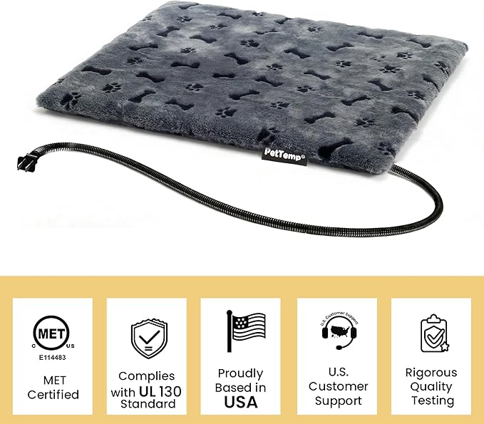 PetTemp Pet Heating Pad for Cats Dogs Indoor & Sheltered Outdoor Waterproof Heated Cat Bed Heated Dog Bed Chew Resistant Cord Constant Temperature Gray Paw Print 26 x 20 Inch