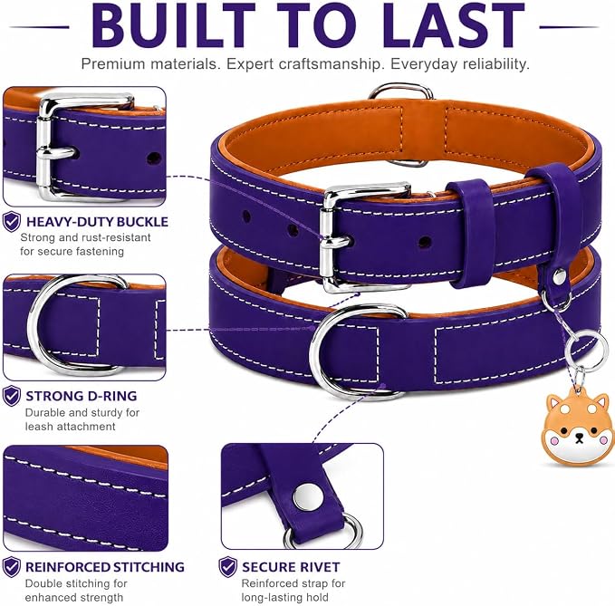 Genuine Leather Dog Collar, Soft Padded Leather Dog Collars with Airtag Holder Case for Small Medium Large X-Large Dogs,Comfort Heavy Duty Pet Collar with Durable Metal Buckle & D-Ring-Dark Purple/XL