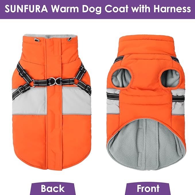 SUNFURA Dog Coat, XXL Dog Jacket Winter with Harness Built in, Waterproof Pet Snow Jacket with Furry Collar for Chilly Day, Reflective Fleece Snowsuit for Extra Large Dogs, Orange 2XL