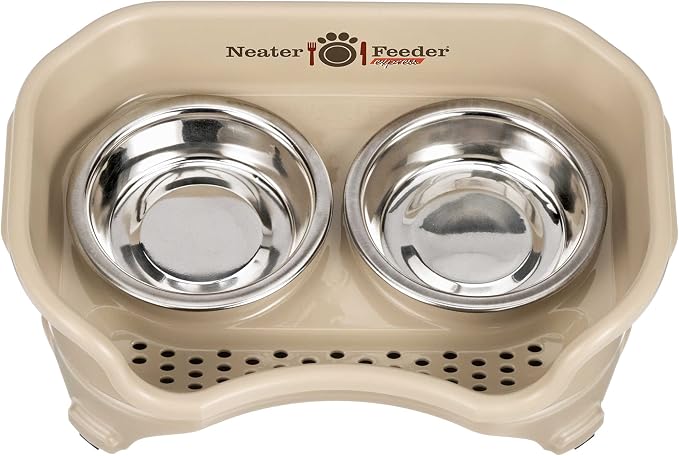 Neater Feeder Express Mess Proof Cat Bowls Elevated, No Spill Feeding Station, Stainless Steel Dishes for Food and Water, Raised Bowls for Indoor Cats, No Fatigue Whisker Friendly Dish, Almond