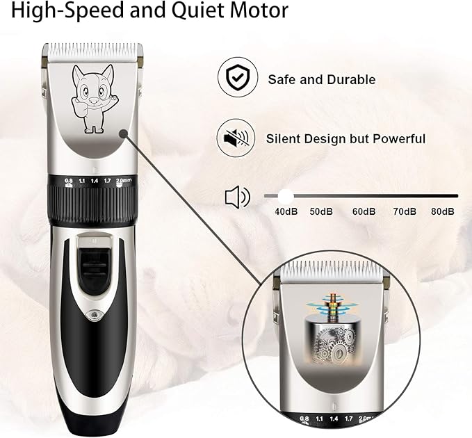 Dog Grooming Kit Clippers, Low Noise, Electric Quiet, Rechargeable, Cordless, Pet Hair Thick Coats Clippers Trimmers Set, Suitable for Dogs, Cats, and Other Pets (Silver)
