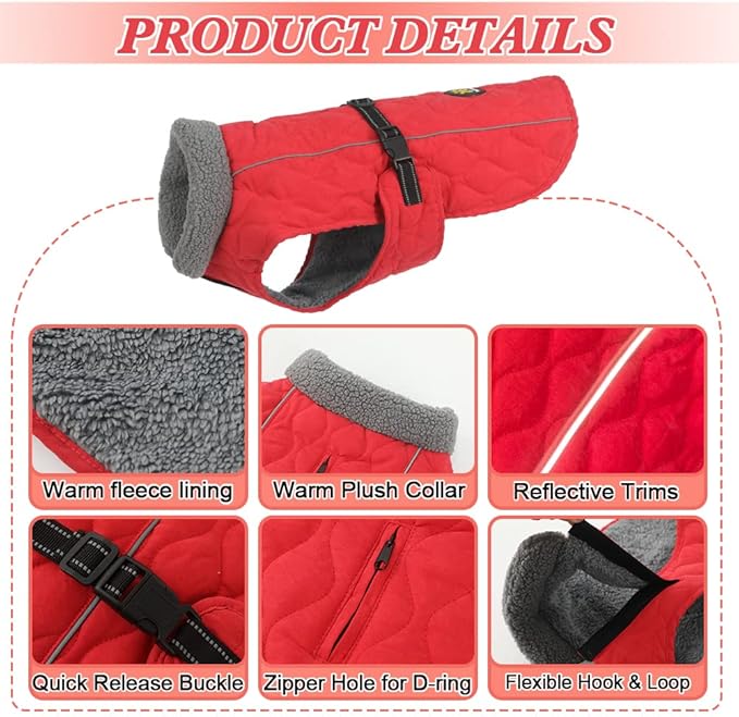 Dog Jackets, Furry Collar Winter Coats for Dogs with Fleece Lining, Water Resistant Reflective Winter Dog Jackets, Adjustable Warm Windproof Pet Coats for Large Dogs, Red L