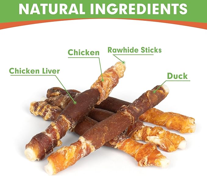MON2SUN Dog Treats, Triple Flavor 5 Inch Chicken Liver Duck and Chicken Wrapped Rawhide Snacks for Small and Medium Dogs, 10.58 Oz (15 Count-Pack of 1)