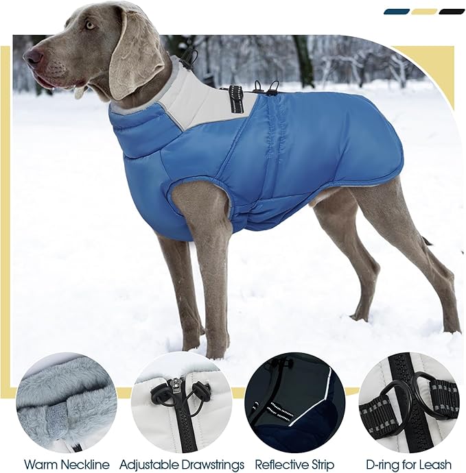 ROZKITCH Dog Jacket for Cold Weather, Dog Coat for Autumn Winter with Turtleneck, Pet Clothes with Adjustable Buckles, Soft Warm Pet Clothing with Reflective Strip for Medium Large Dogs Blue XL