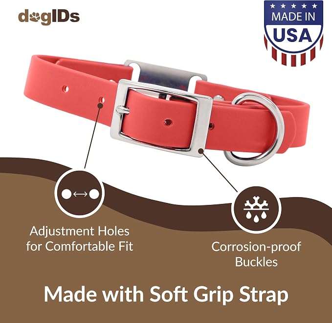 dogIDs Personalized Dog Collar – ScruffTag Custom Waterproof Biothane Dog Collar with Laser-Engraved Name, Durable & Odor-Resistant – USA Made | Coral, 1 in x 22 in (Fits Neck Sizes 20-24 in)