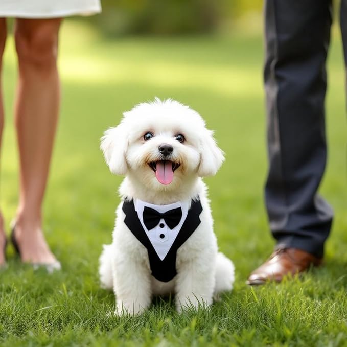 Dog Tuxedo for Wedding, Pet Tuxedo Suit with Bow Tie, Pet Costumes for Small Dogs, Formal Party Attire for Halloween Christmas, Medium, Black White