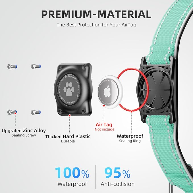 Upgrade Dog Collar with AirTag Holder, IP68 Waterproof, Aqua, S | Built-in Water Resistant AirTag holder, 1000D Nylon, Reflective Stitching for Night Visibility, Soft padding for Comfort