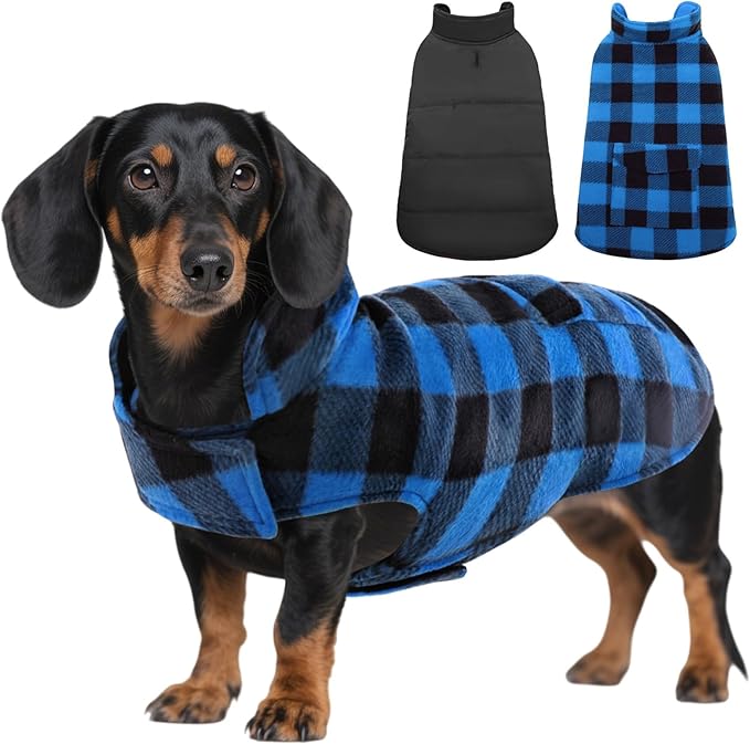 ASENKU Dog Winter Coat, Fleece Doggie Jacket Plaid Reversible Vest Waterproof Windproof Cold Weather Clothes for Small Medium Large Dogs (XS, Blue)