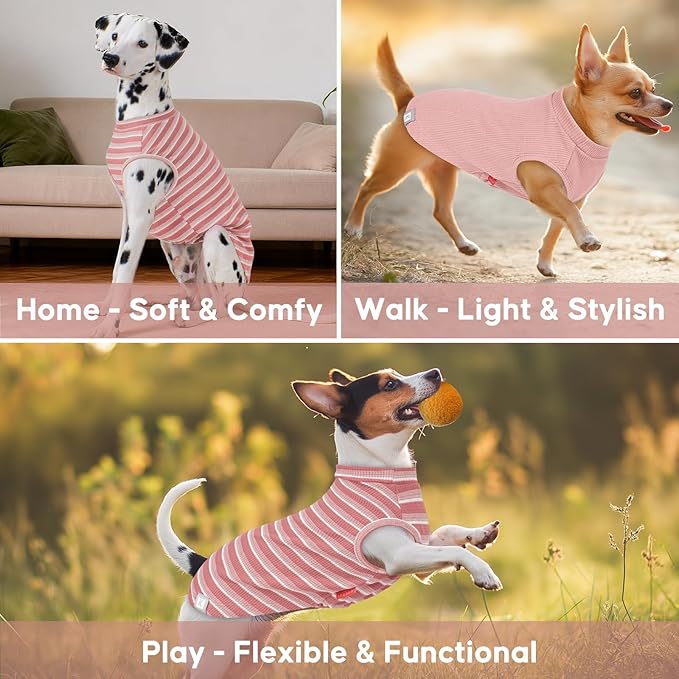 KYEESE 2Pack Waffle Dog Shirts for Small Dogs Stretchy T-Shirts Lightweight Tank Top Sleeveless Striped Vest Breathable Pet Apparel, Large, Pink+Striped