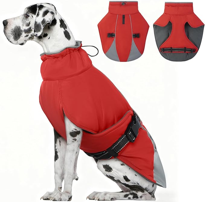 Dog Coat for Small to Large Dogs – Water Resistant Jacket with Soft Fleece Lining, Adjustable Fit and Reflective Trim Red XXXL