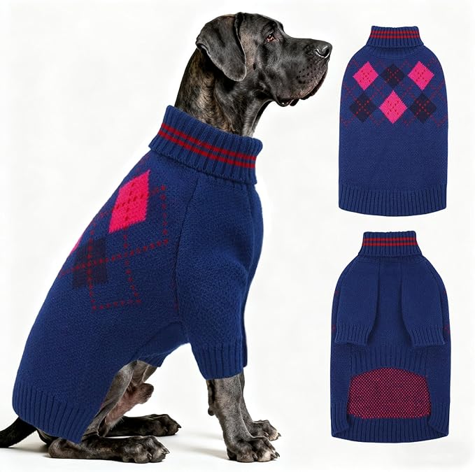 Dog Sweater For Medium Large Dogs, Cold Weather Cable Knit Pullover, Thick Warm Turtleneck Winter Clothes for French Bulldog, Labrador, Golden Retriever, German Shepherd, Great Dane- Blue XXXXL