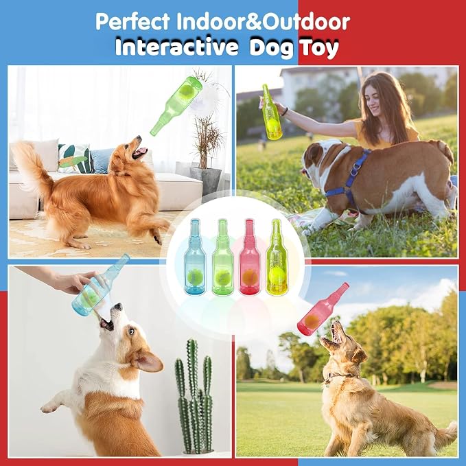 Tennis Ball in Bottle Dog Toy [2025 New Upgrade] Reinforced and Thickened Rubber Bottle Dog Chew Toy with Ball Squeaky Fetch Toy Tough (Yellow, Medium)