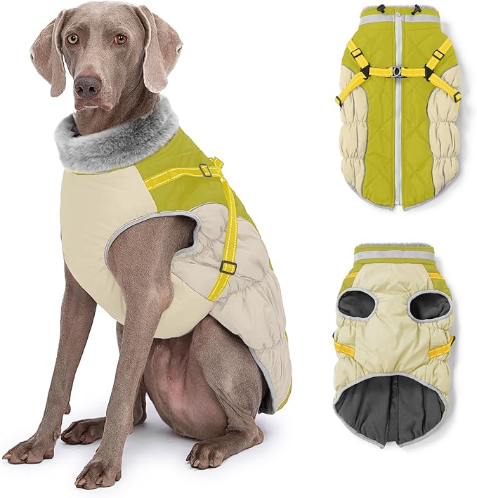 Dog Winter Coat with Harness, Dog Jacket, Pet Clothes with Zipper on Back, Waterproof Windproof Warm Vest, Reflective Cold Weather Coats, for Small Medium Large Dogs, Thick, Green, XL