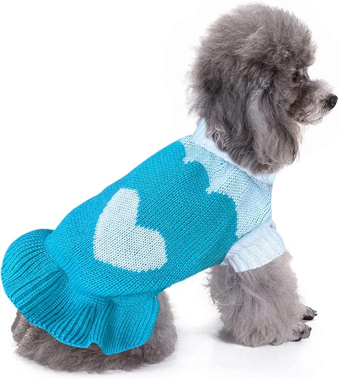 CHBORCHICEN Pet Dog Sweaters Classic Knitwear Turtleneck Winter Warm Puppy Clothing Cute Strawberry and Heart Doggie Sweater (M, Dress-Sky Blue)